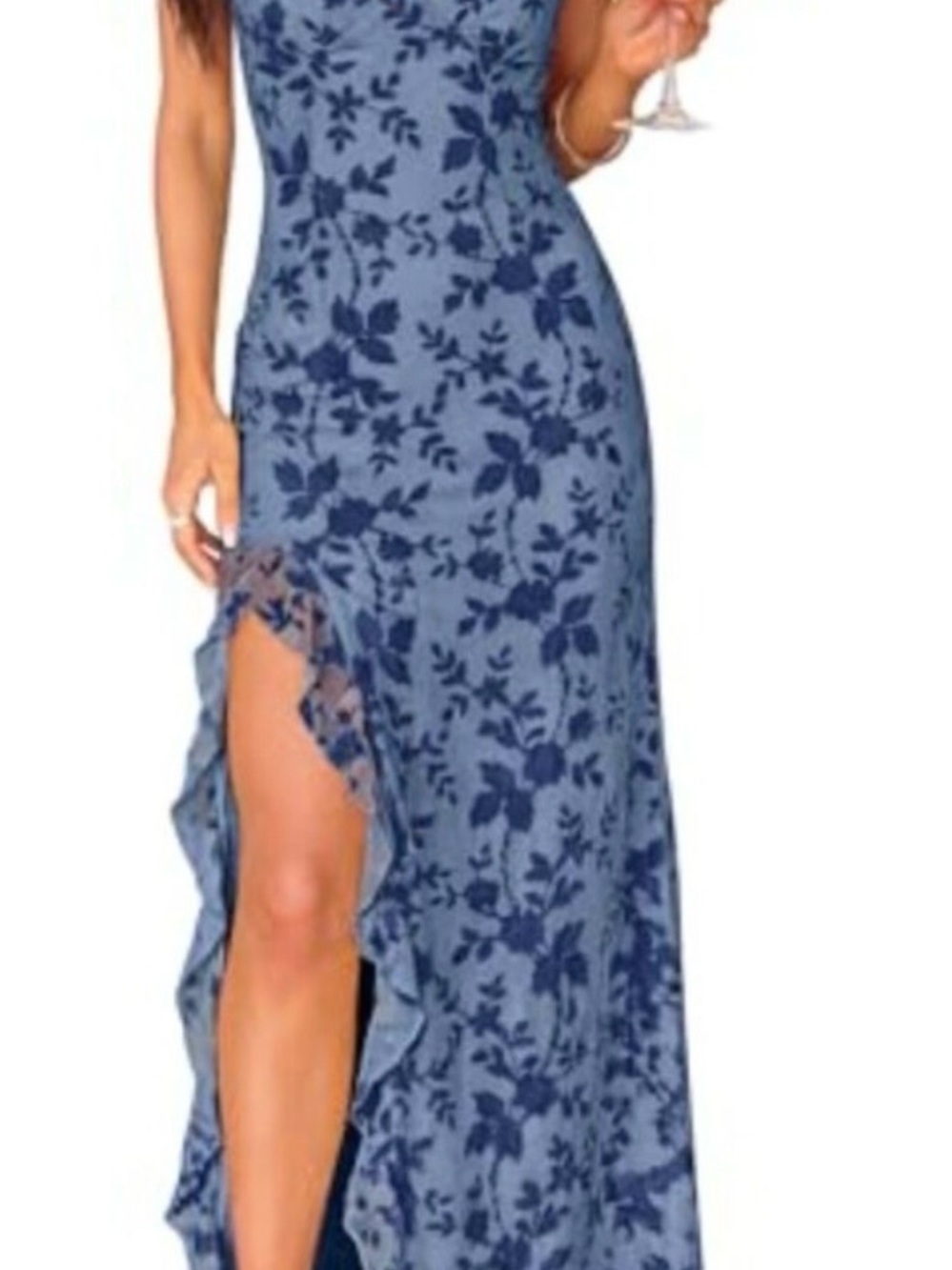 Blue Floral Ruffle-Hem Maxi Dress